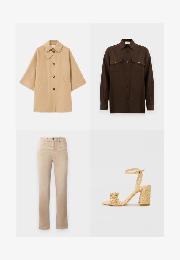 Abrigo de mezcla de lana color beige con un cuello clásico, cierre delantero de botones y bolsillos laterales; presenta mangas raglán y un diseño limpio y estructurado.; Camisa de manga larga de color marrón oscuro con botones, dos bolsillos en el pecho con solapa y un cuello clásico, exhibida contra un fondo blanco liso.; Vaqueros rectos beige hechos de tela suave, con un cierre de botón en la parte delantera, dos bolsillos delanteros y detalles de costura sutiles.; Sandalia de tacón alto beige con textura trenzada, que presenta una flor decorativa y una correa en el tobillo. El tacón cuadrado añade estabilidad.
