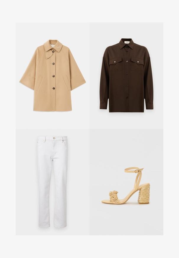 Abrigo de mezcla de lana color beige con un cuello clásico, cierre delantero de botones y bolsillos laterales; presenta mangas raglán y un diseño limpio y estructurado.; Camisa de manga larga de color marrón oscuro con botones, dos bolsillos en el pecho con solapa y un cuello clásico, exhibida contra un fondo blanco liso.; Jeans de mezclilla blanca con corte recto, diseño de cinco bolsillos, costuras ligeras y cierre de botón plateado. Textura suave y detalles mínimos.; Sandalia de tacón alto beige con textura trenzada, que presenta una flor decorativa y una correa en el tobillo. El tacón cuadrado añade estabilidad.
