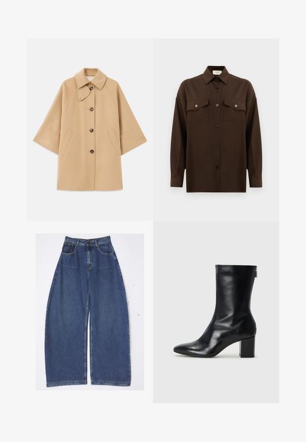 Abrigo de mezcla de lana color beige con un cuello clásico, cierre delantero de botones y bolsillos laterales; presenta mangas raglán y un diseño limpio y estructurado.; Camisa de manga larga de color marrón oscuro con botones, dos bolsillos en el pecho con solapa y un cuello clásico, exhibida contra un fondo blanco liso.; A.W.A.K.E. MODE RECYCLED ROUNDED - Vaqueros boyfriend - blue; Bota de cuero negro hasta el tobillo con punta afilada y tacón de bloque de 4 cm. Su diseño elegante incluye una cremallera lateral para facilitar su uso. Textura suave.