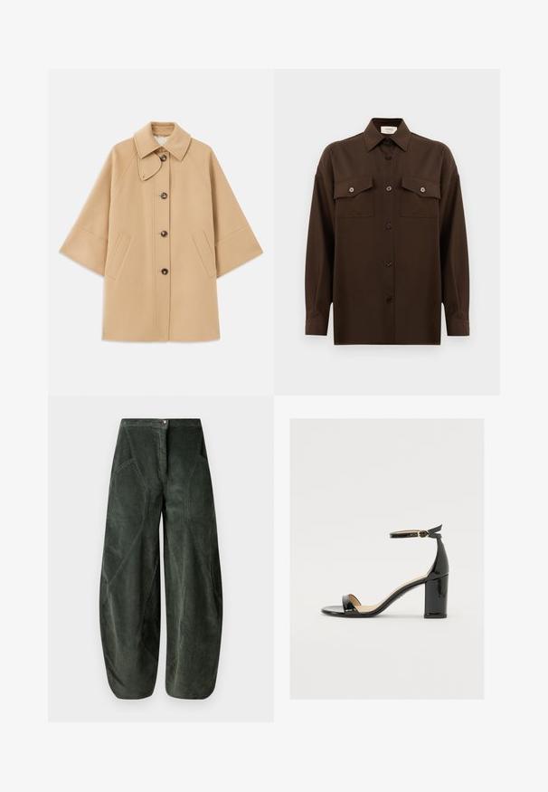 Beige wool blend coat with a classic collar, front button closure, and side pockets; features raglan sleeves and a clean, structured design.; Dark brown long-sleeve button-up shirt with two flap chest pockets and a classic collar, displayed against a plain white background.; Wide-legged pants in dark green corduroy fabric, featuring a button closure and angled side pockets with a textured, ribbed pattern.; Black patent leather sandal with a wide heel, open toe, and ankle strap featuring a gold buckle. Smooth texture and sleek design.