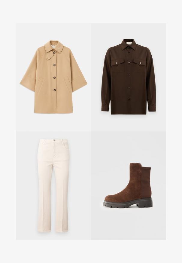 Beige wool blend coat with a classic collar, front button closure, and side pockets; features raglan sleeves and a clean, structured design.; Dark brown long-sleeve button-up shirt with two flap chest pockets and a classic collar, displayed against a plain white background.; Flared beige jeans made of cotton, featuring a high waist, five pockets, a button closure, and subtle stitching details.; Brown suede ankle boot with elastic side panels, rounded toe, and a thick rubber sole featuring a textured tread pattern.