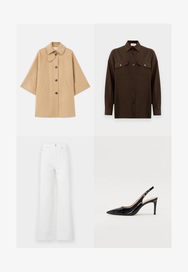 Beige villasekoituksesta valmistettu takki, jossa on klassinen kaulus, etupainikekiinnitys ja sivutaskut; sisältää raglan-hihat ja siistin, jämäkän muotoilun.; Tumma ruskea pitkähihainen napitettava paita, jossa on kaksi läpällistä rintataskua ja klassinen kaulus, esiteltynä yksinkertaista valkoista taustaa vasten.; Valkoiset levenevät farkut, joissa on teksturoitu kangas, jossa on mustia pisteitä. Viisikoteloituskostruktuuri, jossa edessä napitus ja vetoketju.; Musta lakattu nahkainen slingback-korkokenkä, jossa on terävä kärki, kapea korko ja hillitty leikkaussuunnittelu. Varressa on kultainen solki.