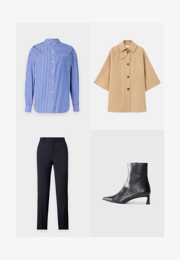 Manteau en mélange de laine beige avec un col classique, fermeture à boutons à l'avant et poches latérales ; présente des manches raglan et un design épuré et structuré.; Chemise à rayures bleues et blanches à col, à manches longues, avec une poche sur le devant et un ourlet légèrement arrondi. Fabriquée dans un tissu doux.; Pantalons ajustés bleu marine avec une coupe droite, présentant une texture lisse, deux poches avant et une taille épurée.; Bottine en cuir noir avec un bout pointu et un design épuré. Présente un petit talon et une fermeture éclair à l'arrière. Texture lisse.