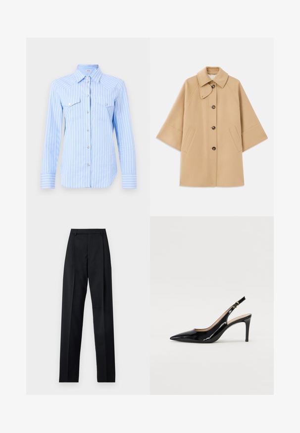 Beige wollen blend jas met een klassieke kraag, sluiting met knopen aan de voorkant en zijzakken; heeft raglanmouwen en een nette, gestructureerde uitstraling.; Lichtblauw gestreept overhem shirt met lange mouwen, twee borstzakken en knopen in zilverkleur. De stof lijkt soepel en licht van gewicht.; Zwarte broek gemaakt van gladde stof met een hoge taille, wijde benen, voorplooien en klassieke ceintuurlussen. Geen zijzakken zichtbaar.; Zwarte gepatineerde leren slingback pump met een puntige neus, slanke hak en een subtiel uitgesneden ontwerp. Bevat een gouden gesp op de band.
