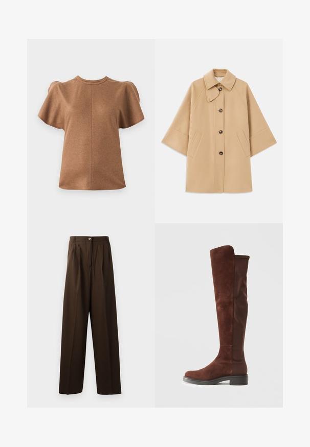 Casaco em mistura de lã bege com colarinho clássico, fecho frontal com botões e bolsos laterais; possui mangas raglan e um design limpo e estruturado.; Top castanho de manga curta com decote arredondado e mangas bufantes. Feito de um material suave, apresenta um detalhe de costura central.; Calças castanhas de corte ajustado com um design de perna larga, apresentando pregas frontais, fecho com botão e um tecido liso e texturizado.; Bota alta em camurça marrom e tecido, com salto baixo preto e bico arredondado, apresentada em vista lateral sobre fundo branco liso.