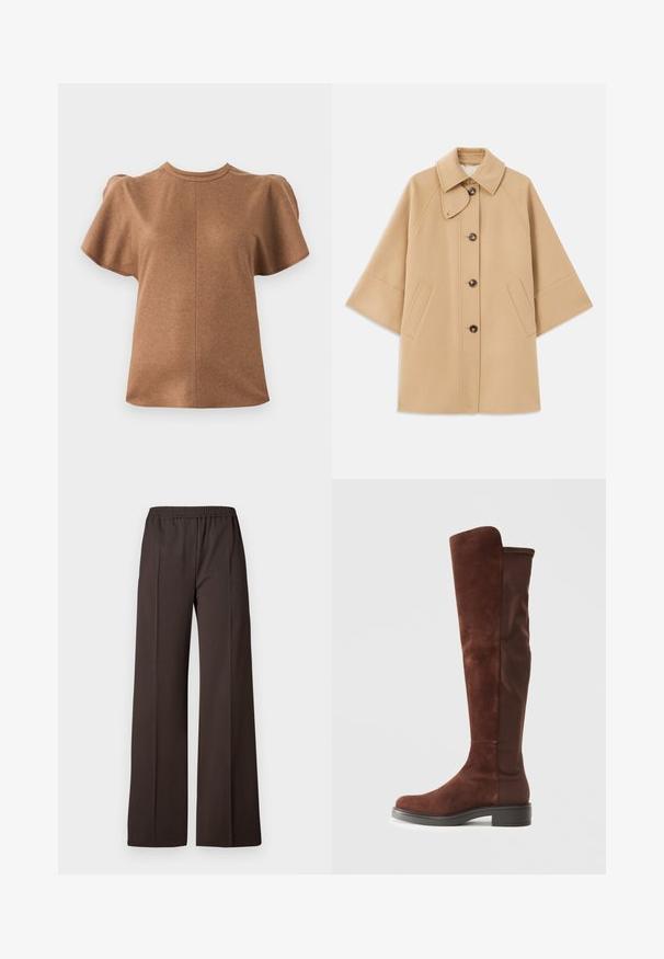 Bežna volnena jopica s klasičnim ovratnikom, sprednjim gumbom za zapiranje in stranskimi žepi; ima raglan rokave in čist, strukturiran dizajn.; Rjav kratkoslezni top z okroglo izrezom in napihnjenimi rokavi. Narejen iz mehkega materiala, z osrednjim šivom.; Hlače širokih nogavica iz temno rjave tkanine z elastičnim pasom, ki se ponašajo z gladko teksturo in čistimi linijami za elegantno podobo.; Visoka rjava z vodoodpornim materialom in tkanino, z nizkim črnim peto in zaobljenim nosom, prikazana v bočnem pogledu na eni barvni beli podlagi.