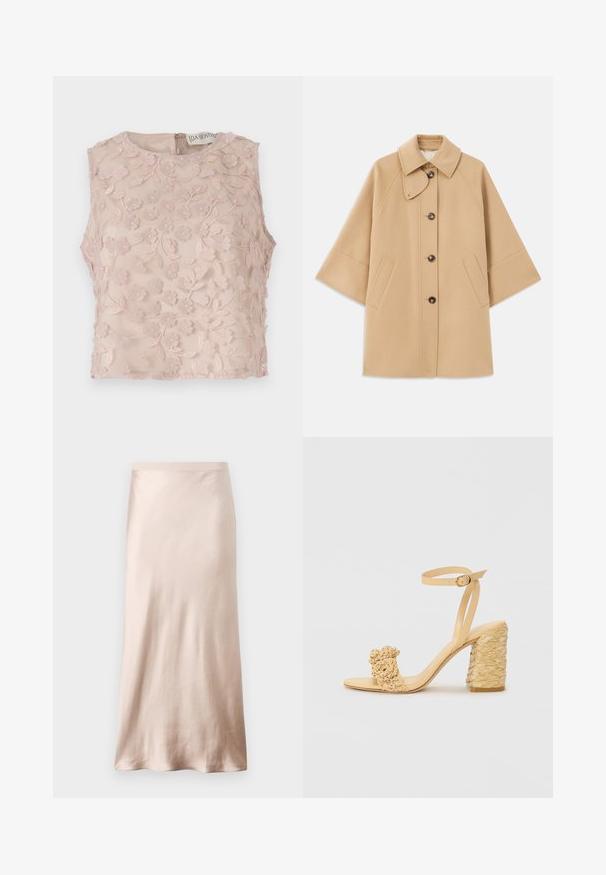 Cappotto in misto lana beige con colletto classico, chiusura frontale con bottoni e tasche laterali; presenta maniche a raglan e un design pulito e strutturato.; Top senza maniche di un rosa chiaro, presenta ricami floreali con accenti in rilievo, scollatura rotonda e chiusura con cerniera sul retro. Tessuto morbido e trasparente.; Gonna midi in satin beige chiaro, con vita aderente, texture morbida e orlo svasato, senza decorazioni visibili o tasche.; Sandalo beige con tacco alto e texture intrecciata, dotato di un fiore decorativo e di una cinghia alla caviglia. Il tacco quadrato offre stabilità.