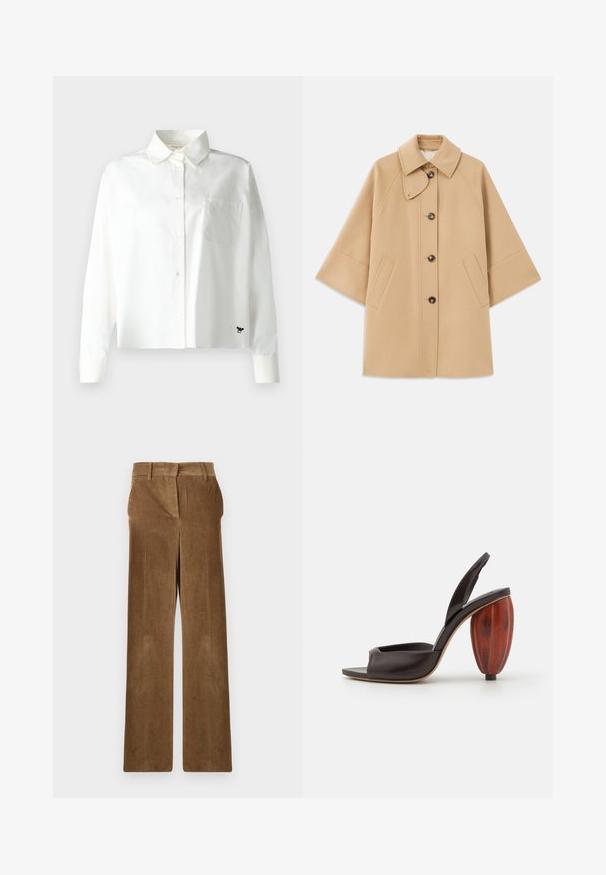 Beige wollen blend jas met een klassieke kraag, sluiting met knopen aan de voorkant en zijzakken; heeft raglanmouwen en een nette, gestructureerde uitstraling.; WEEKEND MaxMara Overhemdblouse - bianco; Zwarte T-shirt van katoen, met een schedelafbeelding omlijnd met gouden studs en de tekst "Zadig & Voltaire", korte mouwen en ronde hals.; Bruine corduroy wijde pijpenbroeken met riemlussen en voorzakken, plat weergegeven tegen een witte achtergrond.; Zwarte leren slingback sandaal met een peeptoe-ontwerp en een onderscheidende ronde houten hak, met een zachte textuur en rijke kleur.