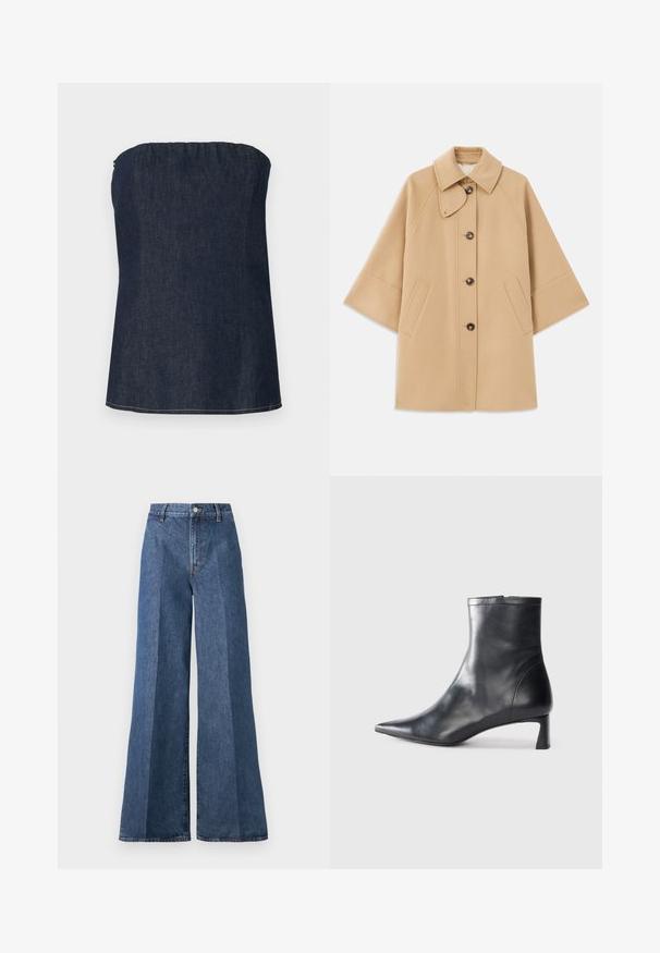 Palton din lână bej, cu un guler clasic, închidere frontală cu nasturi și buzunare laterale; are mâneci raglan și un design curat, structurat.; Top din denim de culoare albastră închisă, cu un decolteu plisat și tiv curat. Textură netedă și detalii minime de cusătură.; Blugi din denim albastru, cu talie înaltă, cu picioare largi, având un stil clasic cu cinci buzunare și închidere cu buton, fabricați dintr-un material de bumbac texturat.; Cizmă de gleznă din piele neagră cu vârf ascuțit și un design elegant. Dispune de un toc mic și de o închidere cu fermoar la spate. Textură netedă.