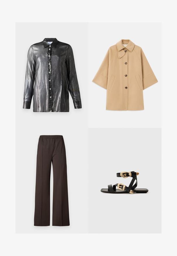 Beige wool blend coat with a classic collar, front button closure, and side pockets; features raglan sleeves and a clean, structured design.; Black, shiny button-up shirt with a glossy texture, long sleeves, and a classic collar. Features white buttons along the front.; Wide-leg trousers in dark brown fabric with an elastic waistband, featuring a smooth texture and clean lines for a tailored look.; Black leather sandals with gold buckle accents, featuring multiple straps and a flat sole design for open-toe wear.