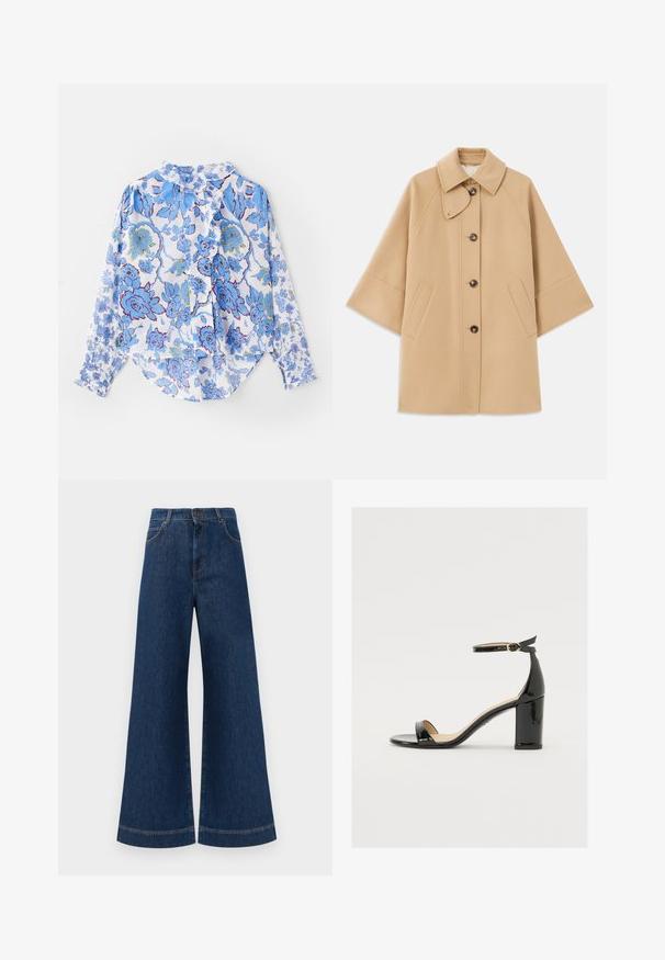 Cappotto in misto lana beige con colletto classico, chiusura frontale con bottoni e tasche laterali; presenta maniche a raglan e un design pulito e strutturato.; Camicia button-up a maniche lunghe in tessuto leggero con un motivo floreale blu su sfondo bianco, con colletto e polsini arricciati.; Jeans in denim blu a gamba larga con vita alta, dotati di chiusura a bottone, passanti per cintura e dettagli di cucitura sottili lungo le tasche e i orli.; Sandalo in vernice nera con tacco largo, punta aperta e cinturino alla caviglia con fibbia dorata. Texture liscia e design elegante.