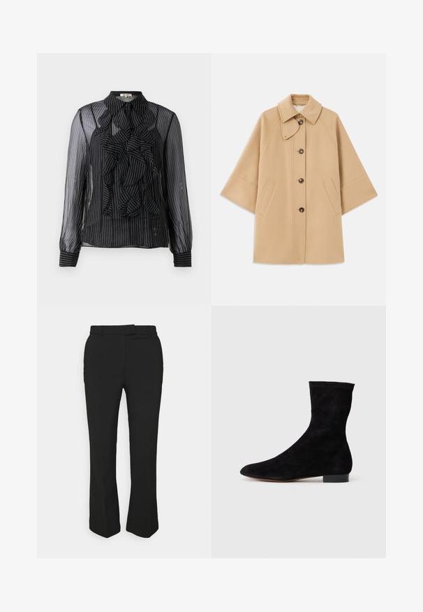 Beige uldblandingsfrakke med klassisk krave, frontknaplukning og sidelommer; har raglanærmer og et rent, struktureret design.; Sort gennemsigtig bluse med lodrette hvide striber, volangdetalje foran, lange ærmer og standard krave. Blød tekstur med knaplukninger.; Sort skræddersyede bukser med lige ben, der har bæltestropper og sidelommer. Fremstillet af glat stof med en ren finish.; Sorte suedestøvler til anklerne med en tætsiddende skaft, spids tå og lav blokhæl. Glat tekstur og minimalistisk design, velegnet til alsidig styling.