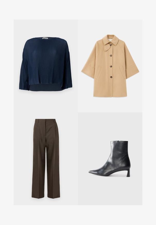 Bež kaput od vune s kombinacijom materijala, klasičnog ovratnika, prednjim zatvorenjem na dugmad i bočnim dzepovima; ima raglan rukave i čist, strukturiran dizajn.; Mornaricki rebrasti top s okruglim dekolteom, širokim rukavima i skraćenim rubom. Tkanina ima mekan, teksturiran izgled i ležeran kroj.; Smeđi široki hlače s glatkom teksturom, s visokim strukom, prednjim nabranima i krojem po mjeri. Nema vidljivih džepova ili ukrasa.; Crne kožne gležnjače s uskim vrhom i elegantnim dizajnom. Imaju niski potpetak i zatvaranje na patentni zatvarač straga. Glatka tekstura.