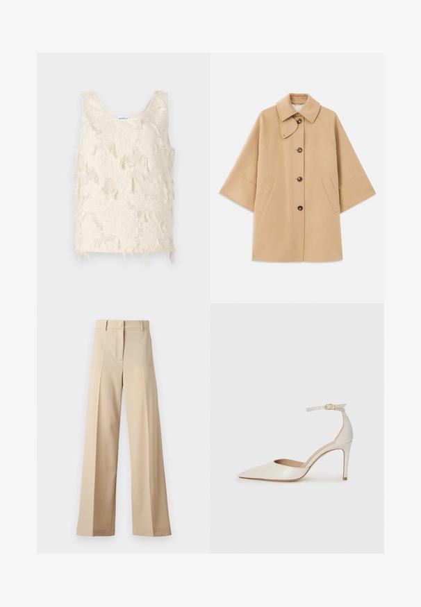 Beige uldblandingsfrakke med klassisk krave, frontknaplukning og sidelommer; har raglanærmer og et rent, struktureret design.; Cremefarvet ærmeløs top med et struktureret, frynset mønster og glatte kanter. Mærket ved halsudskæringen læser "Marella."; Beige bukser med vid ben lavet af blødt stof, med en flad foran med folder, lynlås og bæltestropper. Skræddersyet pasform generelt.; Hvide læder højhælede sko med spids tå, ankelrem og en slank stiletto-hæl. Glat tekstur med subtilt glansfuld finish.