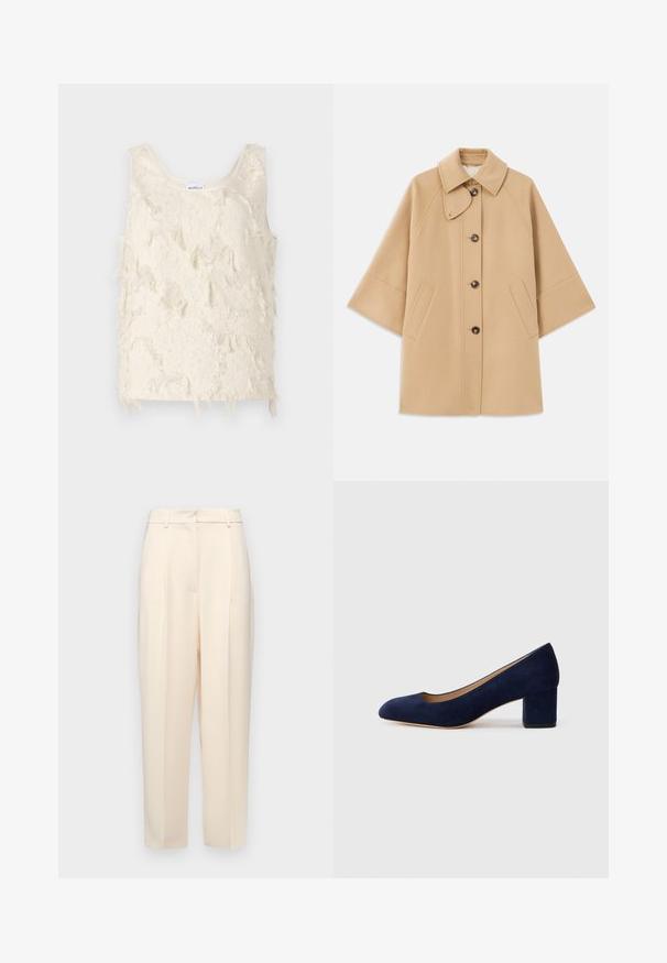 Beige wollen blend jas met een klassieke kraag, sluiting met knopen aan de voorkant en zijzakken; heeft raglanmouwen en een nette, gestructureerde uitstraling.; Crème-kleurige mouwloze top met een gestructureerd, franjer patroon en gladde randen. Etiket bij de halslijn vermeldt "Marella."; Beige op maat gemaakte broek met een rechte pasvorm, voorzien van plooien aan de voorkant, een gladde textuur en een middelhoge taille. Geen zichtbare zakken.; Navy blauwe suède pump met een spitse neus en een blokhak van gemiddelde hoogte. Glad oppervlak met een subtiele glans en een kleine uitsparing aan de voorkant.