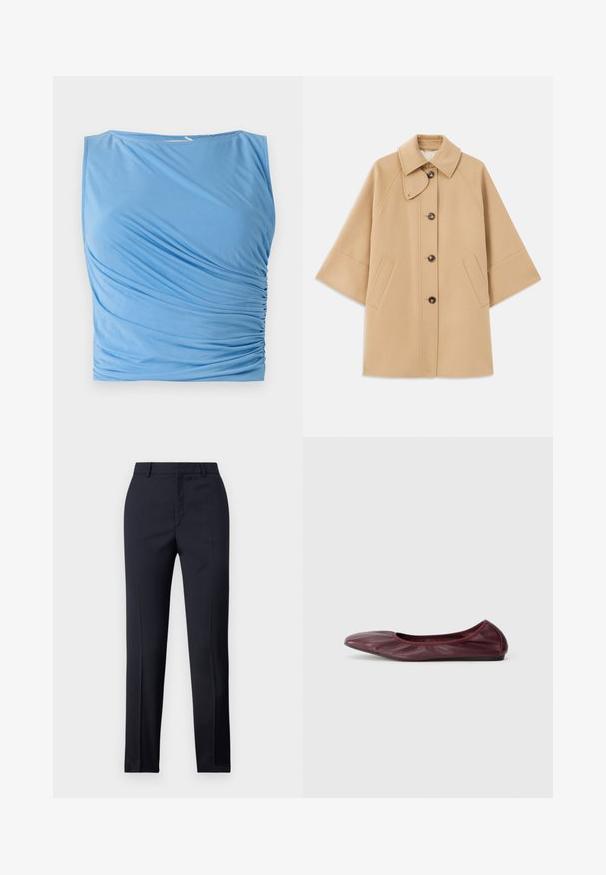 Casaco em mistura de lã bege com colarinho clássico, fecho frontal com botões e bolsos laterais; possui mangas raglan e um design limpo e estruturado.; Top sem mangas azul feito de tecido suave, apresentando pregas drapeadas de um lado, com um decote redondo e textura suave.; Calças ajustadas em azul-marinho com corte reto, apresentando uma textura suave, dois bolsos frontais e um cós liso.; Sapatilha em pele burdeos escura, com bico redondo, borda elástica e textura suave com detalhe de pregas subtil.