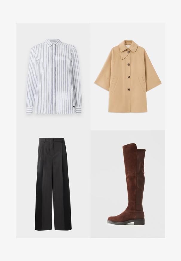 Beige wool blend coat with a classic collar, front button closure, and side pockets; features raglan sleeves and a clean, structured design.; White long-sleeve shirt with blue vertical stripes, button-down collar, and small black logo on the bottom left. Made of lightweight fabric.; Black wide-leg trousers with a high waist, featuring front pleats, a smooth texture, and a tailored finish. Designed for a relaxed fit.; Tall brown suede and fabric boot with low black heel and rounded toe, shown in side view on plain white background.