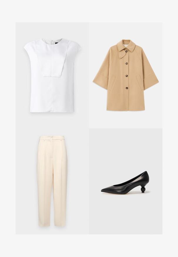 Šviesiai rudas vilnos mišinys paltas su klasikiniu apykakle, priekyje mygtukais užsegamas, ir šoninėmis kišenėmis; turi raglan tipo rankoves ir švarų, struktūrizuotą dizainą.; Balta trumpų rankovių bluzelė su apvalia iškirpte ir stačiakampiu priekiniu panele, pateikta ant vientiso fono.; Bežinės pritaikytos kelnės su tiesiu kirpimu, su raukšlėmis priekyje, lygia tekstūra ir vidutinio aukščio juosmens. Nematomos kišenės.; Juoda odinė aukštakulnė bateliai su smailiu pirštu ir apvaliu, iškiliu kulnu. Lygus paviršius su elegantišku, minimalistiniu dizainu.