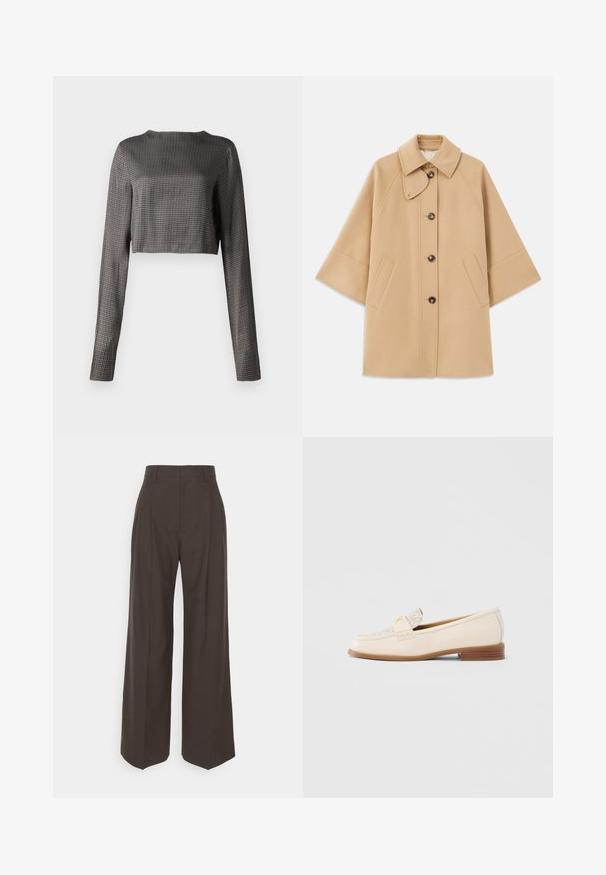 Šviesiai rudas vilnos mišinys paltas su klasikiniu apykakle, priekyje mygtukais užsegamas, ir šoninėmis kišenėmis; turi raglan tipo rankoves ir švarų, struktūrizuotą dizainą.; Juoda ir balta houndstooth rašto ilgomis rankovėmis trumpa palaidinė su apvaliu iškirpimu ir lygaus audinio tekstūra. Ypatybė – prigludusi forma ir tiesus apatinis kraštas.; Tamsiai rudos platėjančios kelnės su aukštu liemeniu, pasižyminčios tvarkingai prispaustomis raukšlėmis, lygia tekstūra ir pritaikytu siluetu.; Smėlio spalvos odiniai loaferiai su tekstūruotu viršumi, dekoratyvia diržele ir mažais kulniukais. Turi minimalistinį dizainą ir subtilų logotipo akcentą.