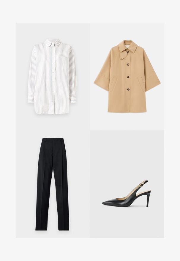 Beige gyapjú mix kabát klasszikus gallérral, elülső gombos záródással és oldalsó zsebekkel; raglán ujjaival és letisztult, strukturált dizájnjával rendelkezik.; Fehér, hosszú ujjú ing világoskék és rózsaszín függőleges csíkokkal. Gombos elülső rész és hegyes gallér jellemzi. Puha anyagból készült.; Fekete nadrág sima anyagból, magas derékkal, széles lábakkal, elülső redőkkel és klasszikus övhurkokkal. Oldalzsebek nem láthatók.; Fekete bőrből készült, hegyes orrú, állítható pánttal rendelkező magassarkú szandál, elegáns tűsarokkal, sima felülettel.