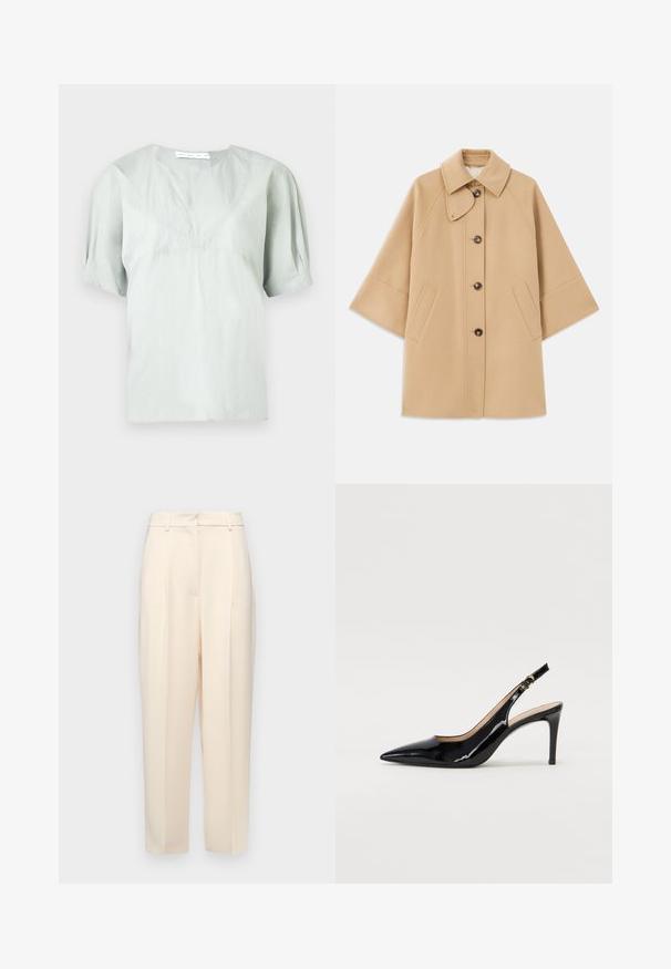 Šviesiai rudas vilnos mišinys paltas su klasikiniu apykakle, priekyje mygtukais užsegamas, ir šoninėmis kišenėmis; turi raglan tipo rankoves ir švarų, struktūrizuotą dizainą.; Šviesiai pilkas trumpomis rankovėmis marškinėliai su apvalia iškirpte ir subtilia tekstūra. Turi laisvą siluetą ir šiek tiek pūstas rankoves, užtikrinančias judėjimo laisvę.; Bežinės pritaikytos kelnės su tiesiu kirpimu, su raukšlėmis priekyje, lygia tekstūra ir vidutinio aukščio juosmens. Nematomos kišenės.; Juodas lakinės odos slingback batelis su smailiu nosiu, plonu kulnu ir subtiliu išpjovos dizainu. Yra auksinė sagtis ant dirželio.