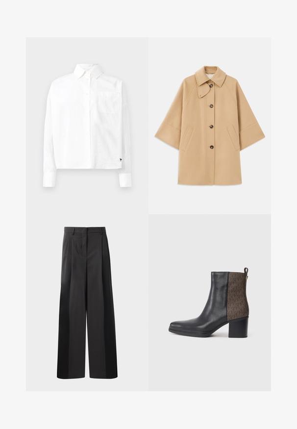 Beige ullblandad kappa med klassisk krage, framknäppning med knappar och sidofickor; har raglanärmar och en ren, strukturerad design.; Vit långärmad skjorta med knappar och spetsig krage, en bröstficka och manschetter med knappar. Tillverkad av ett mjukt och lätt tyg.; Svarta byxor med vida ben och hög midja, med framveck, en slät textur och en skräddarsydd finish. Designade för en avslappnad passform.; Svart läderankelboot med ett texturerat brunt mönster på sidan, en blockklack och en ögla för enkel påtagning.