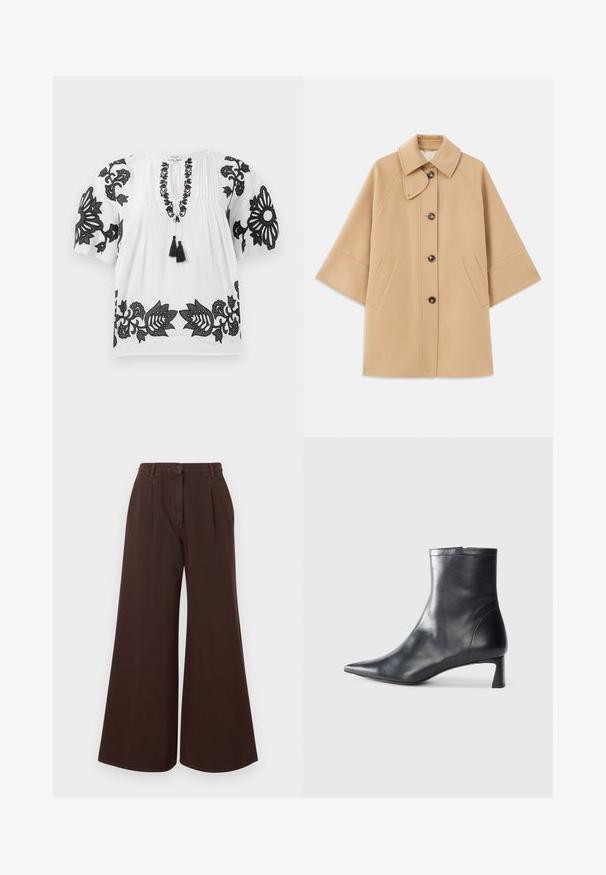 Beige gyapjú mix kabát klasszikus gallérral, elülső gombos záródással és oldalsó zsebekkel; raglán ujjaival és letisztult, strukturált dizájnjával rendelkezik.; Fehér, rövid ujjú blúz, fekete virágmintákkal hímezve az ujjakon, nyakrészen és az alján, elől pedig két fekete bojt nélküli kötővel.; Magas derekú, bő szárú barna nadrág gombos és cipzáras záródással, övhurkokkal és elülső pliszékkel.; Fekete bőr bokacsizma hegyes orral és letisztult dizájnnal. Alacsony sarka és hátsó cipzáras záródása van. Simának tűnő textúra.