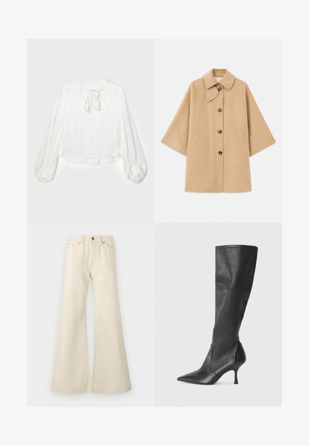 Beež villasegu jakk klassikalise kraega, ees nuppude sulgemise ja küljetaskutega; omab raglan-varrukaid ja puhtalt, struktureeritud disaini.; Valge pluus ümmarguse kaelusega ja lipsuga detailiga. Omab pikki, puhvitud varrukaid, millel on kokku volditud mansetid ja lõtv lõige. Pehme, kergest kangast.; Heledad beežid flared teksad, mis on valmistatud puuvillast. Omavad kõrget vööd, viit taskut ja nööbi kinnitust kontrastse õmbluse detailidega.; Knee-high mustad nahksaapad terava nina ja kitsaste stiilsete kontsadega. Sile tekstuur sobiva disainiga ja õmblused ülemisel serval.