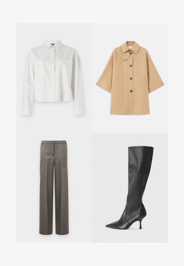 Beige kabát z vlněné směsi s klasickým límcem, zapínáním na knoflíky vpředu a bočními kapsami; má raglánové rukávy a čistý, strukturovaný design.; Zkrácená bílá košile s dlouhými rukávy, která na přední straně má jemný vzor loga a dvě náprsní kapsy. Hladká textura.; Šedé kalhoty s vzorem, se šitým střihem, širokými nohavicemi a hladkou texturou, s plochým předním dílem a poutky na opasek.; Černé kožené vysoké boty do kolen s špičatou špičkou a štíhlým jehlovým podpatkem. Hladká textura s přiléhavým střihem a přešitím na horním okraji.