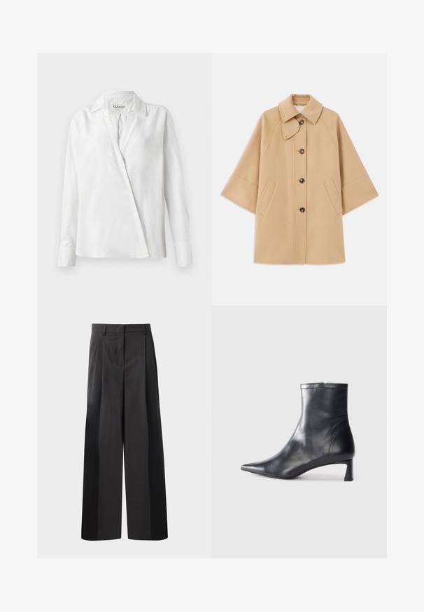 Beige gyapjú mix kabát klasszikus gallérral, elülső gombos záródással és oldalsó zsebekkel; raglán ujjaival és letisztult, strukturált dizájnjával rendelkezik.; Fehér, hosszú ujjú ing sima anyagból, galléros nyakkivágással és ferde elülső záródással, enyhén laza szabással.; Fekete, bő szárú nadrág magas derékkal, elöl plissékkel, sima felülettel és igényes kidolgozással. Kényelmes viseletre tervezve.; Fekete bőr bokacsizma hegyes orral és letisztult dizájnnal. Alacsony sarka és hátsó cipzáras záródása van. Simának tűnő textúra.