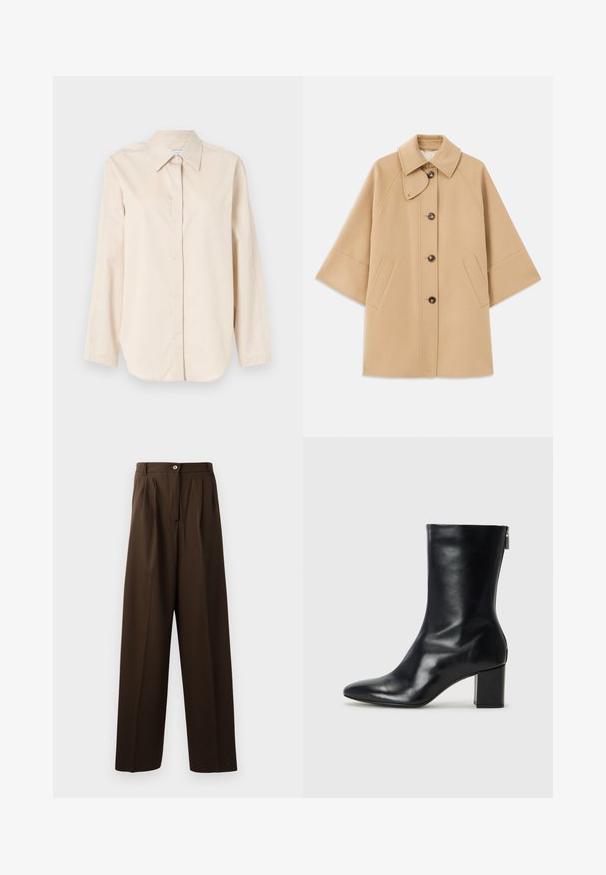 Beige gyapjú mix kabát klasszikus gallérral, elülső gombos záródással és oldalsó zsebekkel; raglán ujjaival és letisztult, strukturált dizájnjával rendelkezik.; Világos bézs színű, hosszú ujjú ing, sima pamutból készült, klasszikus gallérral, teljes gombos elülső résszel és laza szabással. Nincs rajta minta vagy díszítés.; Barna, testre szabott nadrág, széles lábigénnyel, elülső redőkkel, gombos záródással és sima, texturált anyaggal.; Fekete bőr bokacipő hegyes orral és 4 cm-es blokkfallal. Simán díszített designja oldalra nyíló cipzárral rendelkezik, ami megkönnyíti a felvételt. Simább textúrával.