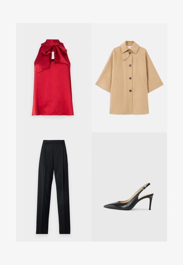 Cappotto in misto lana beige con colletto classico, chiusura frontale con bottoni e tasche laterali; presenta maniche a raglan e un design pulito e strutturato.; Top senza maniche in satin rosso con collo alto, dettaglio a fiocco annodato e apertura a chiave. Texture liscia e design fluido.; Pantaloni neri realizzati in tessuto morbido, caratterizzati da vita alta, gambe larghe, pince frontali e classiche passanti per cintura. Non ci sono tasche laterali visibili.; Slingback in pelle nera con i tacchi alti a punta, cinturino regolabile e tacco a spillo elegante, caratterizzati da una finitura liscia.