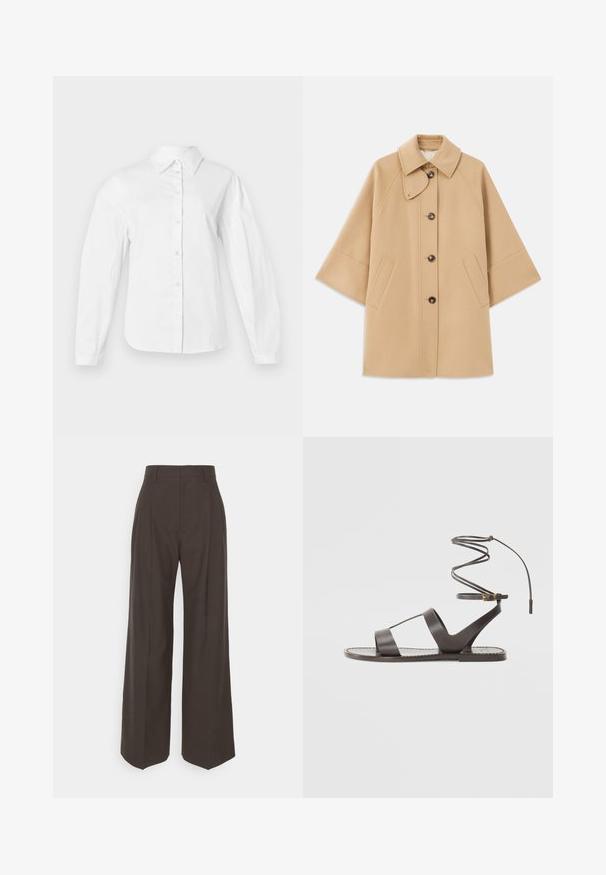 Cappotto in misto lana beige con colletto classico, chiusura frontale con bottoni e tasche laterali; presenta maniche a raglan e un design pulito e strutturato.; Camicia bianca con bottoni realizzata in morbido cotone, dotata di colletto classico, maniche lunghe e taglio dritto con chiusura a bottoni.; Pantaloni ampi marrone scuro con vita alta, caratterizzati da pieghe ben stirate, una texture liscia e una vestibilità su misura.; Sandal in pelle marrone con suola piatta, caratterizzato da un design minimalista, cinturino curvo per la caviglia e numerosi ritagli per la traspirabilità.