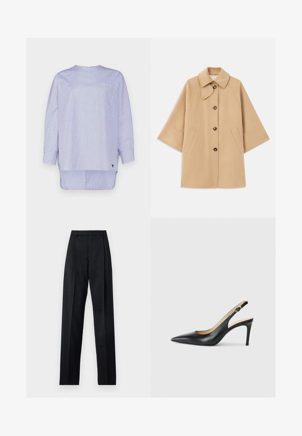 Beige wool blend coat with a classic collar, front button closure, and side pockets; features raglan sleeves and a clean, structured design.; Striped blouse in light blue and white cotton. Features a round neckline, long sleeves, chest pocket, and a curved hem with side slits.; Black trousers made from smooth fabric featuring a high waist, wide legs, front pleats, and classic belt loops. No side pockets visible.; Black leather slingback high heels with a pointed toe, adjustable strap, and a sleek stiletto heel, featuring a smooth finish.