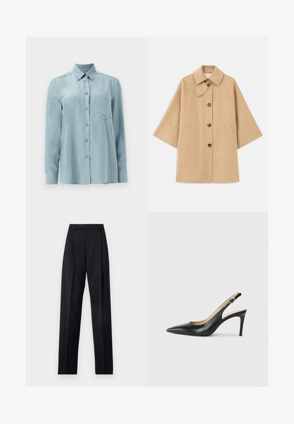 Beige Wollmischungsjacke mit klassischem Kragen, durchgehender Knopfleiste und Seitentaschen; verfügt über Raglanärmel und ein sauberes, strukturiertes Design.; Hellblaues Langarmhemd aus glattem Stoff, mit Knopfleiste, Kragen und einer einzelnen Brusttasche.; Schwarze Hosen aus glattem Stoff mit hoher Taille, weitem Bein, vorderen Falten und klassischen Gürtelschlaufen. Keine sichtbaren Seitentaschen.; Schwarze Leder-Slingback-High-Heels mit spitzem Zehenbereich, verstellbarem Riemen und schlankem Stiletto-Absatz, ausgestattet mit einer glatten Oberfläche.