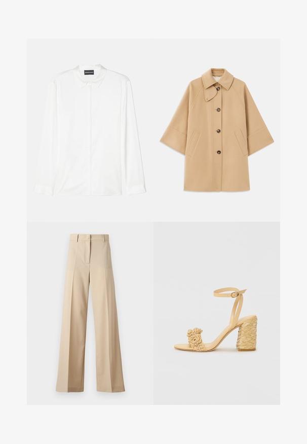 Beige wool blend coat with a classic collar, front button closure, and side pockets; features raglan sleeves and a clean, structured design.; White long-sleeve shirt made of smooth fabric, featuring a classic collar, button front, and simple cuffs with a clean, minimalist design.; Beige wide-leg trousers made of smooth fabric, featuring a flat front with pleats, a zip fly, and belt loops. Tailored fit overall.; Beige high-heeled sandal with a braided texture, featuring a decorative flower and ankle strap. Square-shaped heel adds stability.