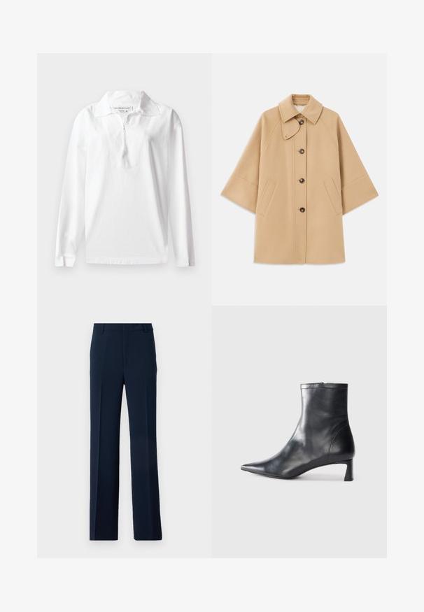 Beżowy płaszcz z wełny z klasycznym kołnierzem, z przodu zapinany na guziki, z kieszeniami po bokach; posiada rękawy raglanowe oraz prosty, uporządkowany fason.; Biała, długorękawowa koszulka polo wykonana z bawełny. Posiada szeroki kołnierz oraz półzamknięcie na zamek. Gładka tekstura i luźny krój.; Granatowe spodnie z gładkiego materiału, o prostym kroju nogawki, z dwoma zakładkami z przodu i kieszeniami bocznymi, zapewniające elegancki wygląd.; Czarne skórzane botki sięgające kostki z ostrym noskiem i eleganckim designem. Posiadają niski obcas oraz zamek błyskawiczny z tyłu. Gładka faktura.