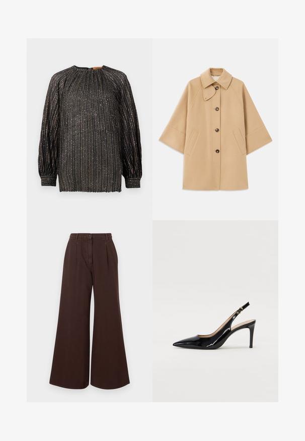 Beige ullblandad kappa med klassisk krage, framknäppning med knappar och sidofickor; har raglanärmar och en ren, strukturerad design.; Svart plisserad blus med metalltrådar, långa ärmar, hög halsringning och elastiska ärmslut. Har vertikala ränder och en texturerad yta.; Högmidjade vida bruna byxor med knapp- och dragkedjestängning, bältesöglor och framveck.; Svart patenterat läder slingback pumps med spetsig tå, smal klack och en subtil utskärning. Har en guldbuckle på remmen.