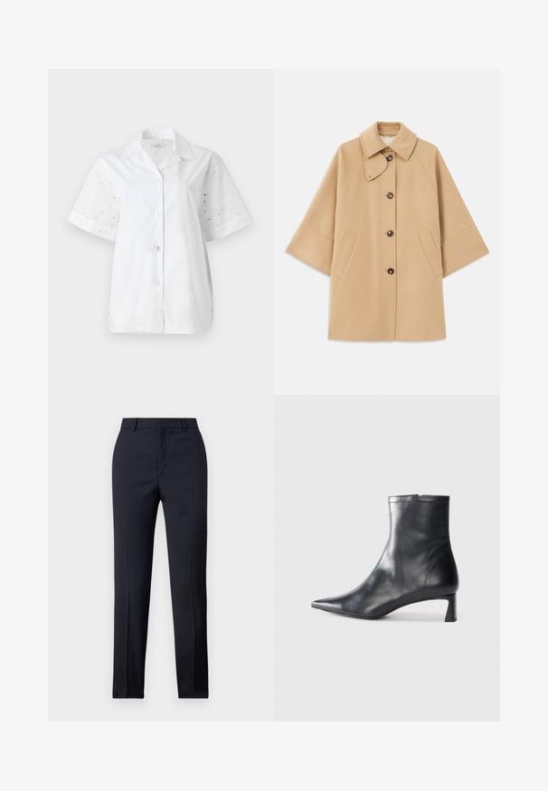 Beige kabát z vlněné směsi s klasickým límcem, zapínáním na knoflíky vpředu a bočními kapsami; má raglánové rukávy a čistý, strukturovaný design.; Bílá krátká košile s krátkým rukávem a zapínáním na knoflíky. Hlavní část je z jednobarevného úpletu, zatímco rukávy mají květinový design s dírkami.; Navy kalhoty s rovný střih, vyrobené z hladkého materiálu, se dvěma předními kapsami a čistým pasem.; Černé kožené kotníkové boty s špičatou špičkou a elegantním designem. Mají nízký podpatek a zipové zapínání na zadní straně. Hladká textura.