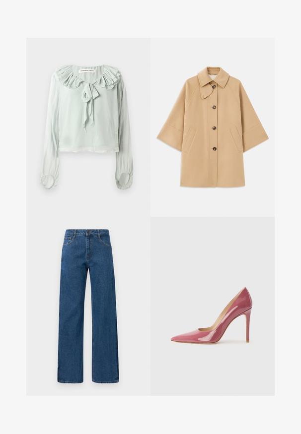 Beige Wollmischungsjacke mit klassischem Kragen, durchgehender Knopfleiste und Seitentaschen; verfügt über Raglanärmel und ein sauberes, strukturiertes Design.; Hellgrüne Bluse mit einem Rüschenausschnitt, Bindungsdetail und langen Ärmeln. Aus weichem, fließendem Stoff mit gerafften Bündchen gefertigt.; Blaue hochtaillierte Schlagjeans mit vorderen und hinteren Taschen, Knopfverschluss und sichtbaren Nähten auf weißem Hintergrund.; Rosa lackleder High-Heel-Pumps mit spitzer Zehenpartie und schlankem Profil, ausgestattet mit einem Cut-out-Detail und einem Stiletto-Absatz.