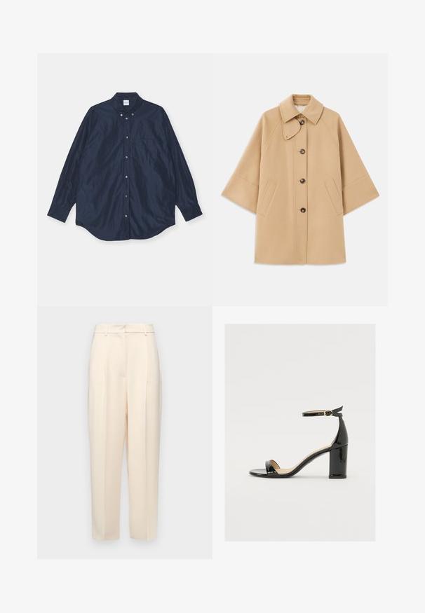 Beige villasekoituksesta valmistettu takki, jossa on klassinen kaulus, etupainikekiinnitys ja sivutaskut; sisältää raglan-hihat ja siistin, jämäkän muotoilun.; Merenneito sininen pitkähihaisuus nappikauluspaita, satiinimaiseen tapaan, sisältää yhden rintataskun ja pyöristetyn helman. Mukana napitettava kaulus ja hihansuut.; Beige housut, jotka on muotoiltu suoraan, edessä on laskoksia, sileä pinta ja keskikorkea vyötärö. Ei näkyviä taskuja.; Mustat patenttinahtiset sandaalit, joissa on leveä korko, avoin varvas ja nilkkahihna, jossa on kultainen solki. Suora pinta ja tyylikäs muotoilu.
