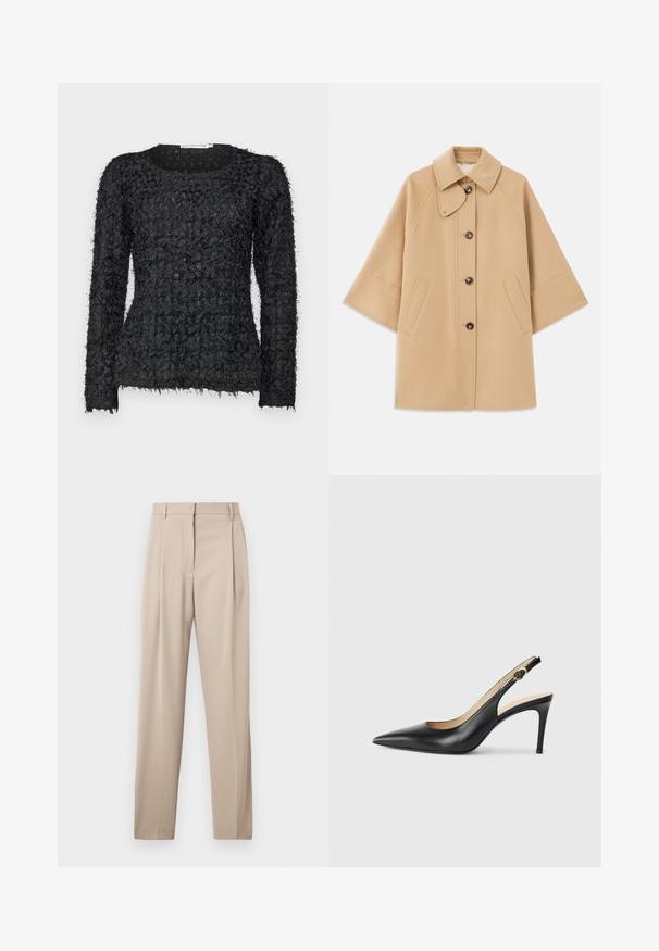 Beige wollen blend jas met een klassieke kraag, sluiting met knopen aan de voorkant en zijzakken; heeft raglanmouwen en een nette, gestructureerde uitstraling.; Zwarte gebreide lange mouw trui met een unieke gelaagde ontwerp, voorzien van rafelige garenaccenten en een ronde halslijn.; Beige op maat gemaakte broek met een rechte pijp, voorzien van plooien aan de voorkant en riemlussen, gemaakt van een gladde stof.; Zwarte leren slingback-hakken met een spitse neus, verstelbare band en een elegante stiletto-hak, met een gladde afwerking.