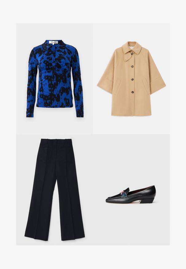 Beige wool blend coat with a classic collar, front button closure, and side pockets; features raglan sleeves and a clean, structured design.; Long-sleeve shirt in a blue and black abstract pattern. Features a collared neckline and button closure with gathered detailing at the center.; Black wide-leg trousers made of a smooth fabric, featuring a high waist, two back pockets, and subtle front pleats for added shape.; Black leather low-heeled loafer with pointed toe and colorful patterned strap detail on white background.
