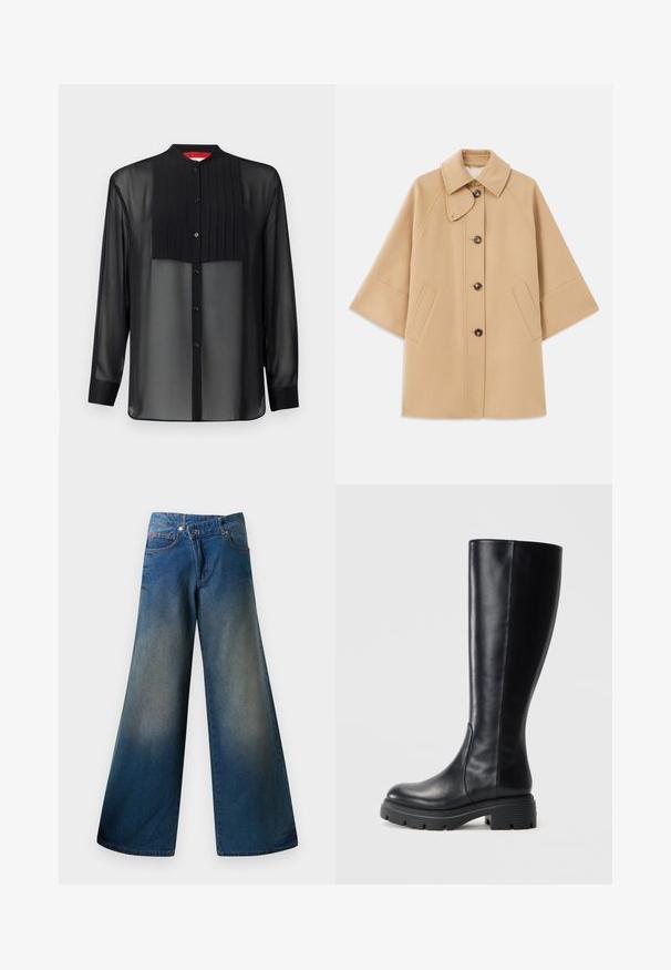 Beżowy płaszcz z wełny z klasycznym kołnierzem, z przodu zapinany na guziki, z kieszeniami po bokach; posiada rękawy raglanowe oraz prosty, uporządkowany fason.; Czarna bluzka z długim rękawem, wykonana z przezroczystego materiału, z plisowanym panelem z przodu. Posiada kołnierzyk mandaryński i zapięcie na guziki z przodu.; Niebieskie dżinsy o szerokich nogawkach, wykonane z denimu, z delikatnie wyblakłym wykończeniem, widocznym szwem, dwiema przednimi kieszeniami oraz zapięciem na guziki.; Czarne kozaki za kolano wykonane z gładkiej skóry, z zaokrąglonym noskiem i masywną gumową podeszwą z bieżnikiem zapewniającym przyczepność.