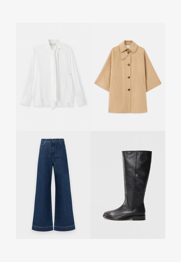 Cappotto in misto lana beige con colletto classico, chiusura frontale con bottoni e tasche laterali; presenta maniche a raglan e un design pulito e strutturato.; Vanessa Bruno ESTEBAN - Camicetta - ecru; Jeans in denim blu a gamba larga con vita alta, dotati di chiusura a bottone, passanti per cintura e dettagli di cucitura sottili lungo le tasche e i orli.; Stivale in pelle nera altezza ginocchio con tacco basso e punta arrotondata, che mostra dettagli di cucitura lungo il gambale e la tomaia.