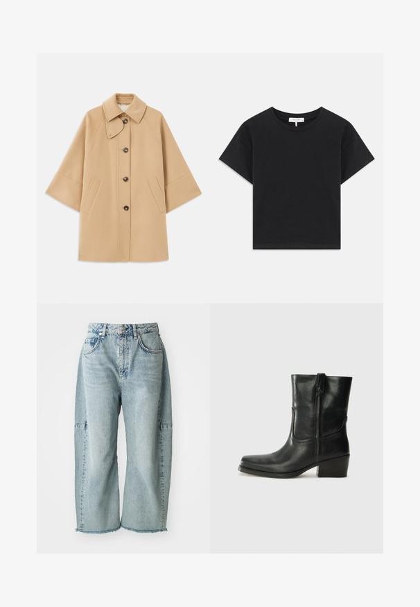 Bežový kabát z vlnenej zmesi s klasickým golierom, predným zapínaním na gombíky a bočnými vreckami; má raglánové rukávy a čistý, štruktúrovaný dizajn.; Čierny skrátený tričko vyrobené z bavlny, s okrúhlym výstrihom, krátkymi rukávmi a jednoduchým dizajnom bez vzorov alebo ozdôb.; Svetlomodré džíny z denimu majú široký strih, roztrhnuté lemy a akcenty z patchworku. Vyrobené z mäkkého, textúrovaného bavlneného materiálu.; Čierne kožené členkové topánky s okrúhlou špičkou, blokovým podpätkom, bočným zipsom a prešívaním na priehlavku. Hladká textúra, klasický dizajn.