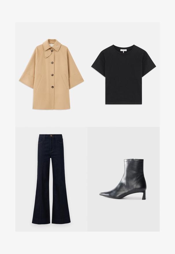 Cappotto in misto lana beige con colletto classico, chiusura frontale con bottoni e tasche laterali; presenta maniche a raglan e un design pulito e strutturato.; T-shirt nera a maniche corte in cotone, con scollatura rotonda e un design semplice senza motivi o decorazioni.; Jeans a zampa d'elefante in denim blu scuro con vita alta, tasche anteriori e cuciture visibili. Il tessuto ha una consistenza liscia e una forma strutturata.; Stivaletto in pelle nera con punta affusolata e design elegante. Presenta un tacco basso e una chiusura con zip sul retro. Texture liscia.