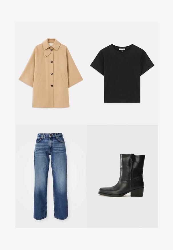 Cappotto in misto lana beige con colletto classico, chiusura frontale con bottoni e tasche laterali; presenta maniche a raglan e un design pulito e strutturato.; T-shirt nera a maniche corte in cotone, con scollatura rotonda e un design semplice senza motivi o decorazioni.; Jeans azzurri chiari dalla vestibilità rilassata, con vita alta, gambe dritte e una leggera scoloritura. Realizzati in denim con cuciture visibili e accessori in metallo.; Stivale ankle in pelle nera con punta arrotondata, tacco a blocco, cerniera laterale e dettagli in cucitura sulla tomaia. Texture liscia, design classico.