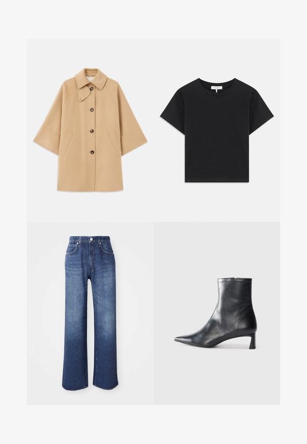 Manteau en mélange de laine beige avec un col classique, fermeture à boutons à l'avant et poches latérales ; présente des manches raglan et un design épuré et structuré.; T-shirt noir cropped en coton, avec un col rond, des manches courtes et un design simple sans motifs ni embellissements.; Jean en denim bleu à jambes larges, avec une taille haute, cinq poches et une fermeture à bouton en métal. Le tissu a une texture lisse avec un léger dégradé.; Bottine en cuir noir avec un bout pointu et un design épuré. Présente un petit talon et une fermeture éclair à l'arrière. Texture lisse.