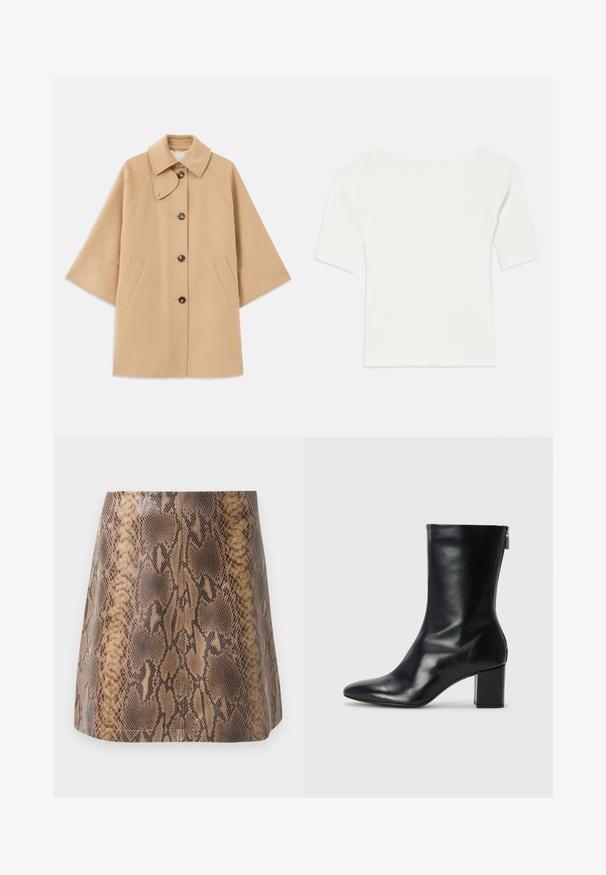 Beige villasekoituksesta valmistettu takki, jossa on klassinen kaulus, etupainikekiinnitys ja sivutaskut; sisältää raglan-hihat ja siistin, jämäkän muotoilun.; Valkoinen ribbattu lyhythihainen paita, jossa on leveä pääntie. Tekstuurissa on pystysuoria raitoja, jotka korostavat tiukkaa istuvuutta ja yksinkertaista muotoilua.; Ruskean käärmeennahkakuosisesta minihameesta, joka on valmistettu keinonahasta. Hameessa on sileä pinta, tiukka siluetti ja hillitty saumaus.; Musta nahkainen nilkkuri, jossa on terävä kärki ja 4 cm:n lohkokorko. Tyylikäs muotoilu sisältää sivuvetoketjun helppoa pukeutumista varten. Siro pinta.